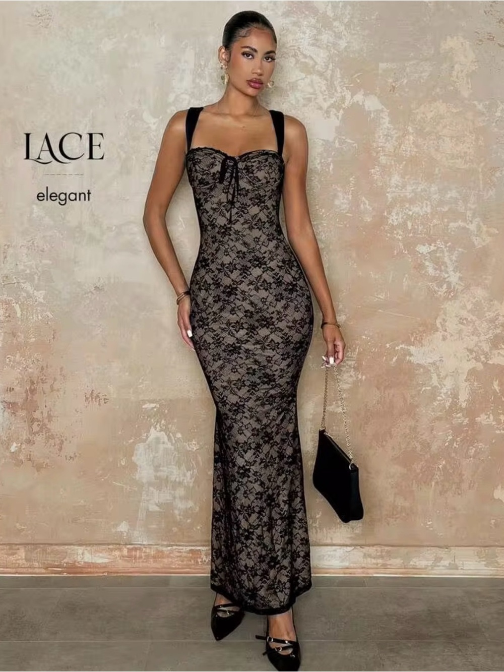 Tan or Beige and Black Lace Elegant Maxi Dress with Front Tie, Size Small, BNWOT